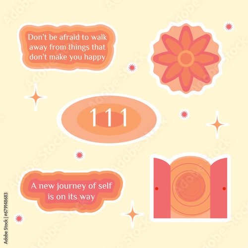 Numerology angel numbers 111 stickers. Set of illustrations for vision board of open doors, flower, plant and motivational quote