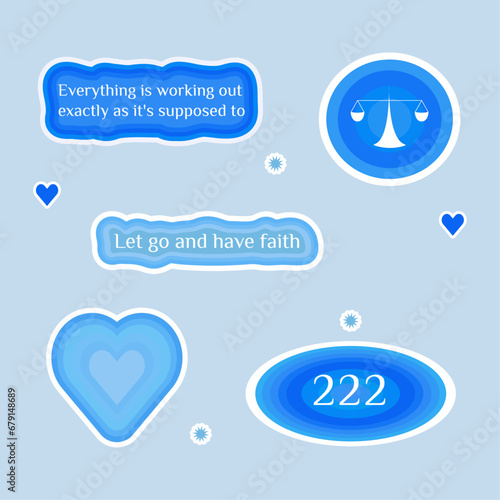 Numerology angel numbers 222 stickers. Set of illustrations for vision board of scale, heart and motivational quote