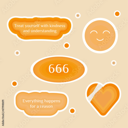 Numerology angel numbers 666 stickers. Set of illustrations for vision board of smile face, heart with bandage and motivational quote