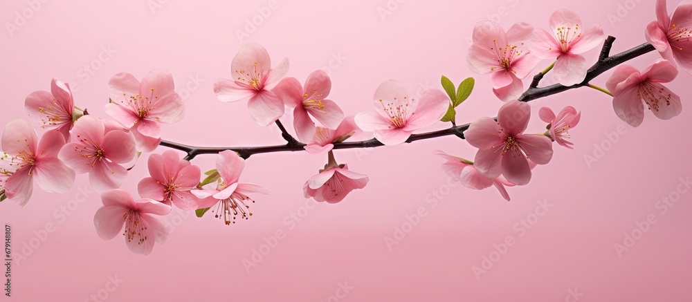 High resolution image of levitating fresh quince blossoms in pink isolation Copy space image Place for adding text or design