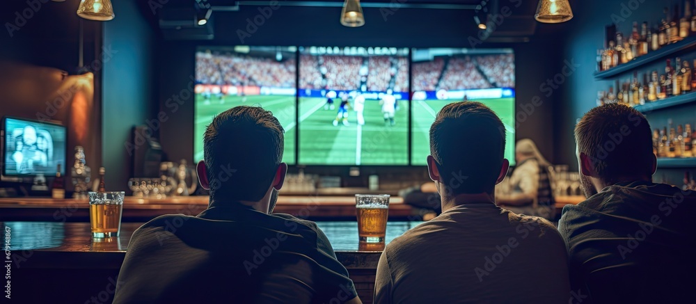 Friends in sports bar watching game on screens from behind Copy space image Place for adding text or design - obrazy, fototapety, plakaty 