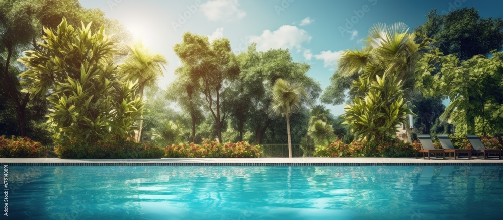 Hotel s garden with a big pool and trees around Copy space image Place for adding text or design