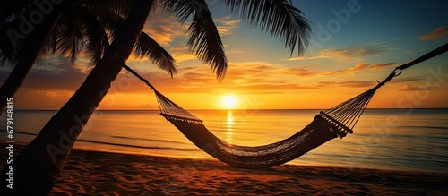 Hammock on palm trees at sunset representing carefree freedom on a tropical beach Summer nature exotic shore Tranquil travel paradise Enjoy life positive energy Copy space image Place for addin