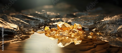 Gold ore discovered on a wet stone floor in the mine Copy space image Place for adding text or design photo