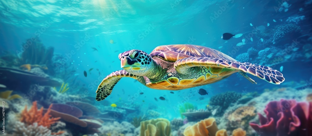 Fototapeta premium Hawksbill turtle Eretmochelys imbricata floating underwater in Maldives Indian Ocean coral reef Copy space image Place for adding text or design