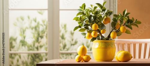 Indoor dining room with lemon tree decor Growing ripe yellow citrus fruits Elegant home decor and gardening hobby Copy space image Place for adding text or design