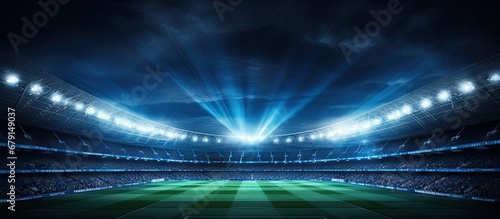 Illuminated football stadium at night Copy space image Place for adding text or design photo