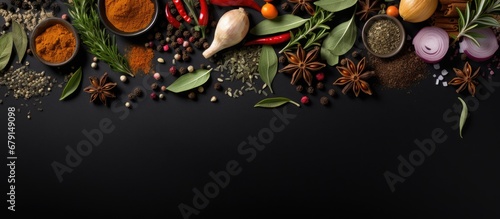 Fototapeta Naklejka Na Ścianę i Meble -  Herbs and spices on black background viewed from above Copy space image Place for adding text or design