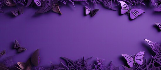 Halloween themed decorations on purple background Skeletons bats spiders pumpkins Halloween concept Copy space image Place for adding text or design