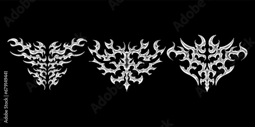 3d chrome metal of y2k. 3d rendering illustration of abstract neo tribal cyber sigil metallic melted modern.Gothic abstract patterns for streetwear, typography, t-shirt. 3D element Illustration.