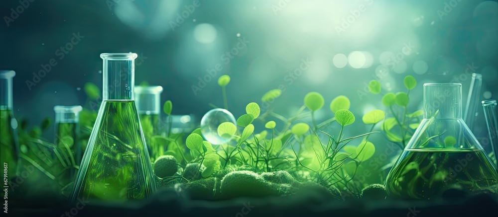 Green alga nature plant environmental science and medical vaccine research in biotechnology laboratory study biofuel and gas energy technology Copy space image Place for adding text or design - obrazy, fototapety, plakaty 