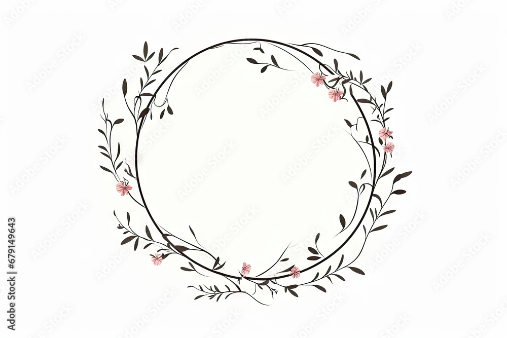 Obraz premium Elegance in bloom. Vintage floral wreath for romantic invitations. Whimsical botanical circle. Hand drawn frame in black and white. Nature embrace. Rustic wedding card with round ornament