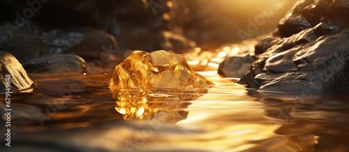 Gold ore discovered on a wet stone floor in the mine Copy space image Place for adding text or design