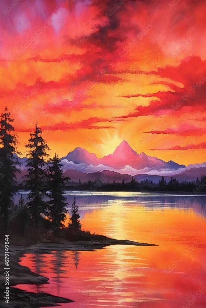 A breathtaking sunrise scene, vibrant colors of oranges, reds, yellows, and purples painting the sky