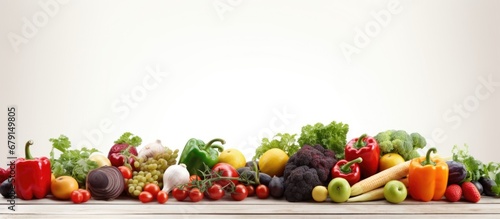 Healthy lifestyle concept portrayed by fresh produce on wooden table in bright white kitchen Copy space image Place for adding text or design