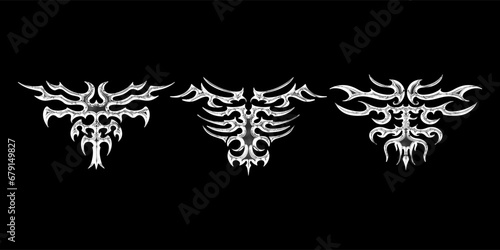 3d chrome metal of y2k. 3d rendering illustration of abstract neo tribal cyber sigil metallic melted modern.Gothic abstract patterns for streetwear, typography, t-shirt. 3D element Illustration.