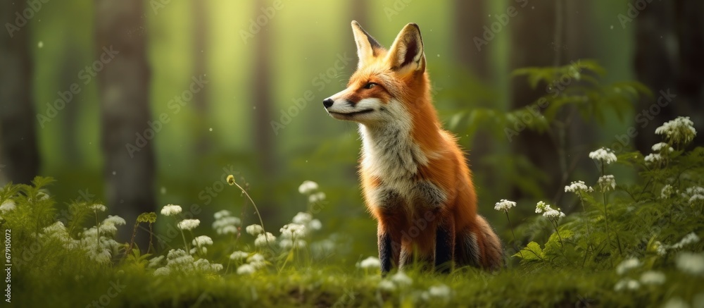 Gorgeous red fox in spring forest natural wildlife scene Copy space image Place for adding text or design