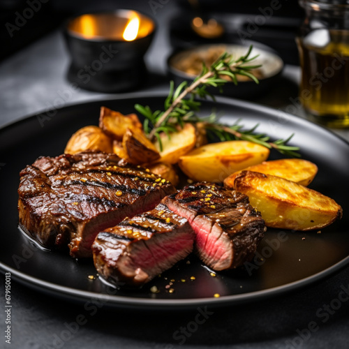 Fotografia con detalle de filete de aspecto delicioso, con patatas, en un plato de color negro