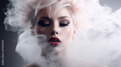 Fashion portrait of sensual female model with smoke dispersion. head with stylish hairstyle in tobacco smoke
