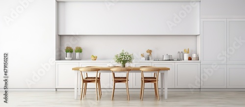 Kitchen with white island table chairs Copy space image Place for adding text or design