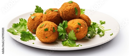 Fried falafel and parsley on white background Copy space image Place for adding text or design