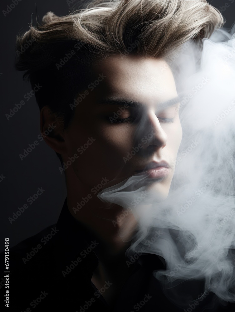 Fashion portrait of sensual male model with smoke dispersion. head with stylish hairstyle in tobacco smoke