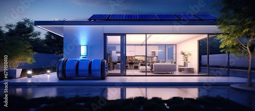 Futuristic 3D rendering of a home battery in a garage on a quiet street Copy space image Place for adding text or design