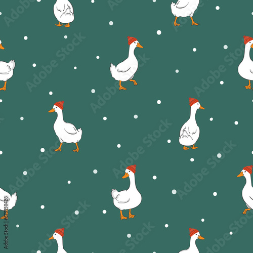 Merry Christmas seamless pattern with cute geese in red hats. Vector winter illustration