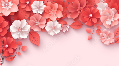 Paper cut art style, pink or coral voluminous paper flowers. Valentine card or invitation wedding card template, banner. Generate Ai.