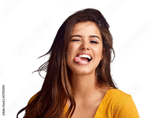 Portrait, tongue and wink with a playful woman isolated on a transparent background for emoji expression. Funny face, smile and flirt with a cute young gen z person on PNG for comedy or humor