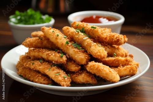 Delicious Crispy Chicken Strips. Traditional American cuisine. Popular authentic dishes. Background with selective focus