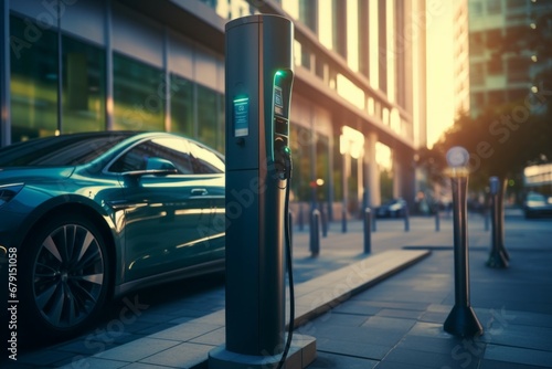 Charging station for electric vehicles. Background with selective focus and copy space