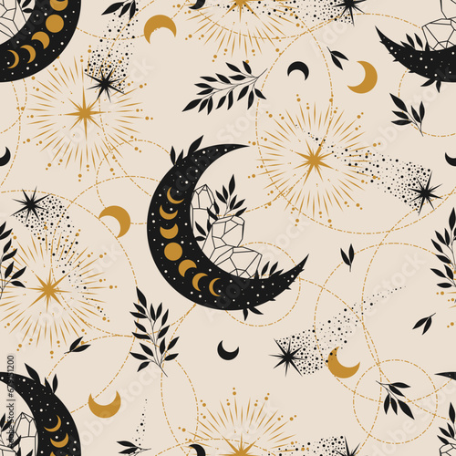 Hand drawn vector abstract retro graphic illustration with bohemian magic art seamless pattern of crystals, leaves, stars and crescent moon. Simple style