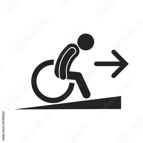 Isolated pictogram icon of disable, ill, handicapped person on wheel chair and direction arrow, for wheelchair ramp entrance sign