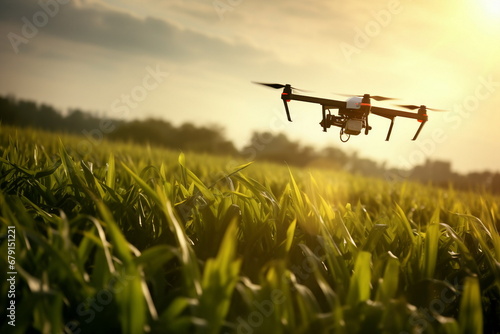 drone helicopter spray pesticide on agricultural field
