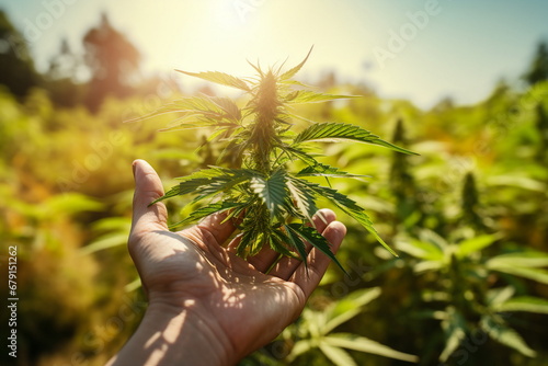 man hand touch cannabis leaf outdoor photo