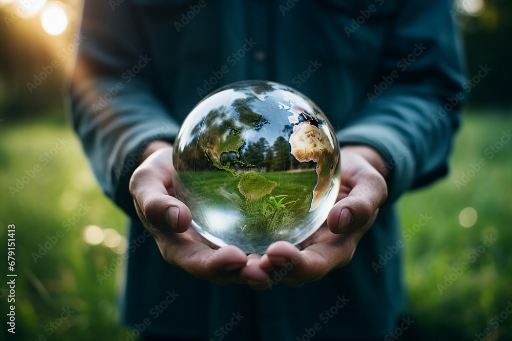 man hands hold glass globe earth in agricultural field man hands hold glass globe earth in agricultural field