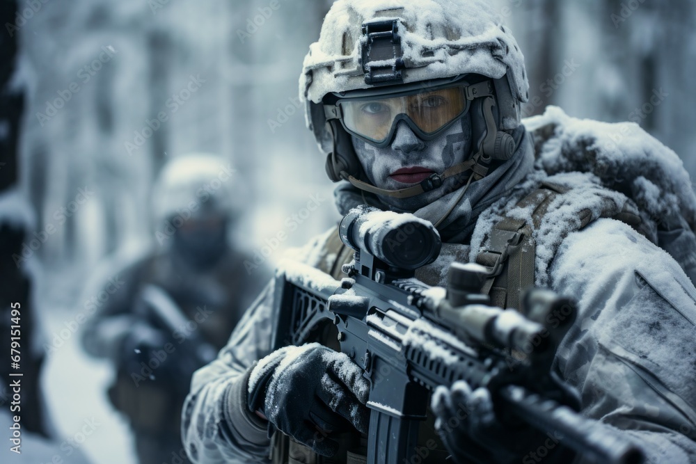 A soldier in a snowy winter at war. Portrait with selective focus and copy space for text A soldier in a snowy winter at war. Portrait with selective focus and copy space for text