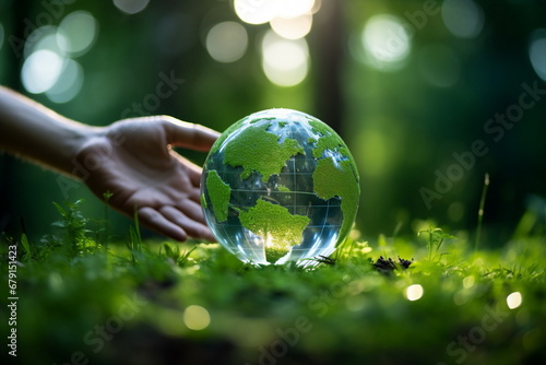 man hands hold glass globe earth on grass