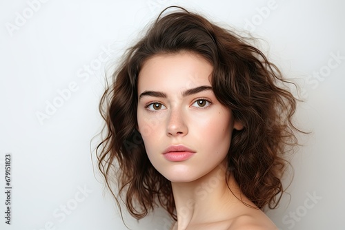 Portrait of a young girl 18-20 years old with brown curly hair, without makeup. Concept of youthful skin, self-care, cosmetics for youth
