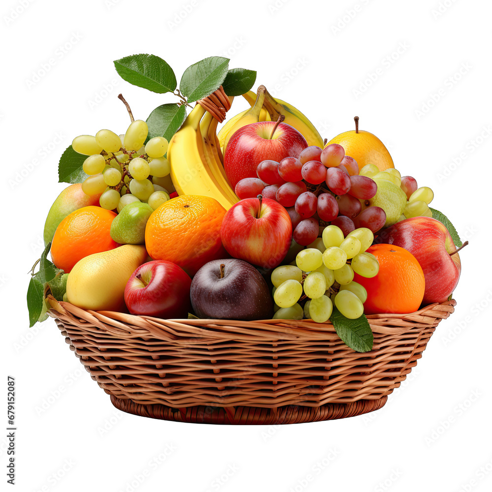 Basket of Assorted Fruits Isolated on Transparent or White Background, PNG