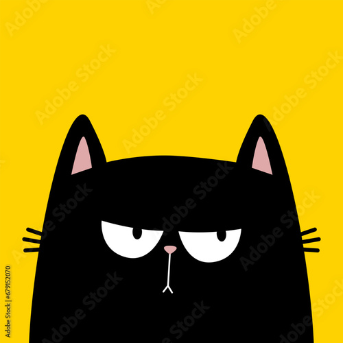 Black cat kitten kitty silhouette icon. Sad angry emotion. Cute kawaii cartoon character. Happy Valentines Day. Baby greeting card, tshirt, sticker print template. Yellow background. Flat design.
