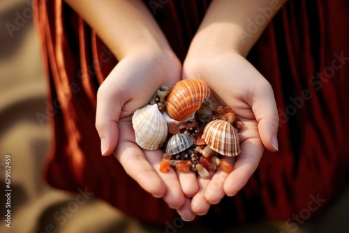 Sea shells in hands illustration. Ai generative.