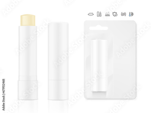 Lipstick care mockup with packaging.  Front view. Vector illustration isolated on white background. Can be use for your design, advertising, promo and etc. EPS10. 
