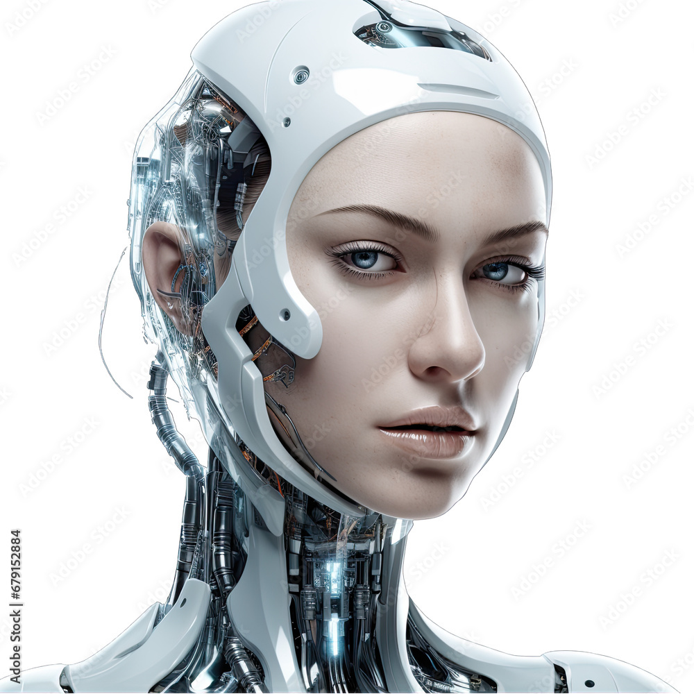 Female Android Close-Up Isolated on Transparent or White Background, PNG Female Android Close-Up Isolated on Transparent or White Background, PNG
