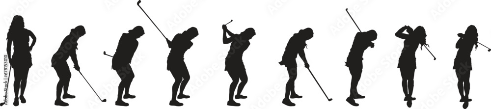 silhouettes of woman golfer playing gold in poses 