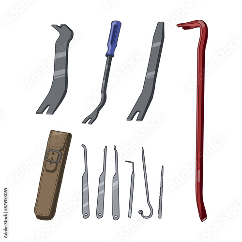 Cartoon thieves tools. Isolated burglar jimmies kit. Criminal unlock instruments set. Bandit equipment icons photo