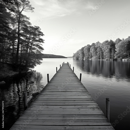 Fotografia en blanco y negro de paisaje con pasarela de madera sobre zona de aguas tranquilas, con arboles y cielo luminoso photo