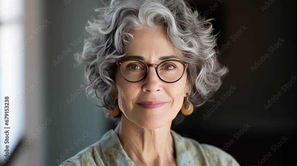 An older woman with short gray wavy hair and glasses, olive skin tone, in the style of debbie fleming caffery