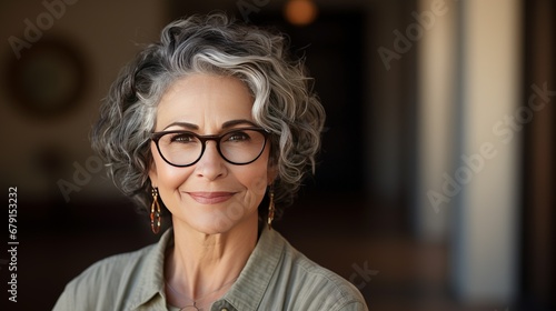 An older woman with short gray wavy hair and glasses, olive skin tone, in the style of debbie fleming caffery